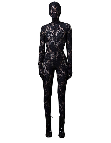This very unique catsuit guarantees a unique look.  Made out of a beautiful lace pattern partly opaque with a headpiece detail and attached gloves.  Reflecting a very unique, strong and confident look.