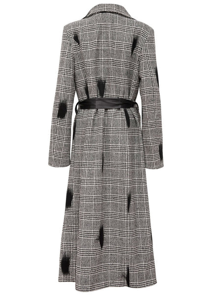Dark Rise Coat is an vegan oversized elongated Coat with a houndstooth fabric and a pleather belt.