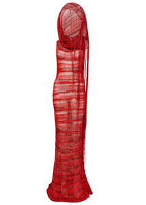 See through knited long dress with high collar and fringe details in a beautiful and vibrant red. Veganknitwear by Sarah Regensburger.